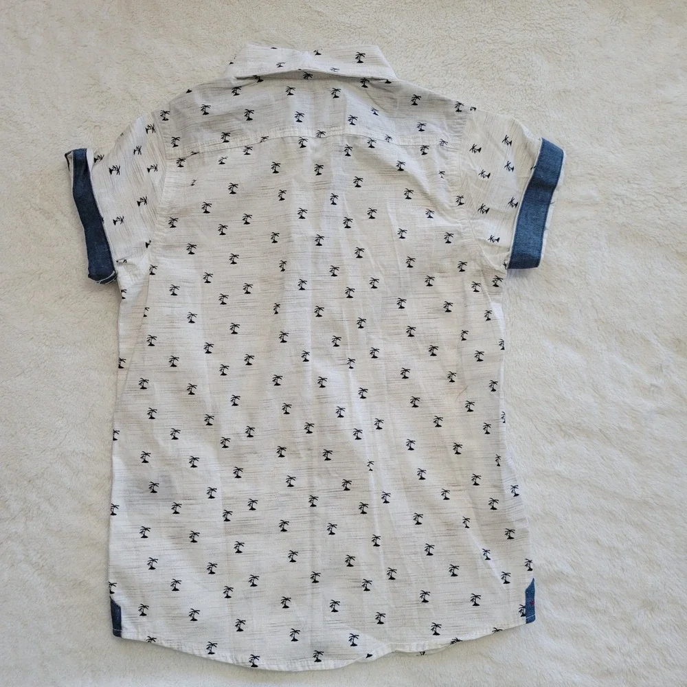 Distortion Button Down Shirt Boys Size 5 Cream Cotton Palm Tree Print Short Slee